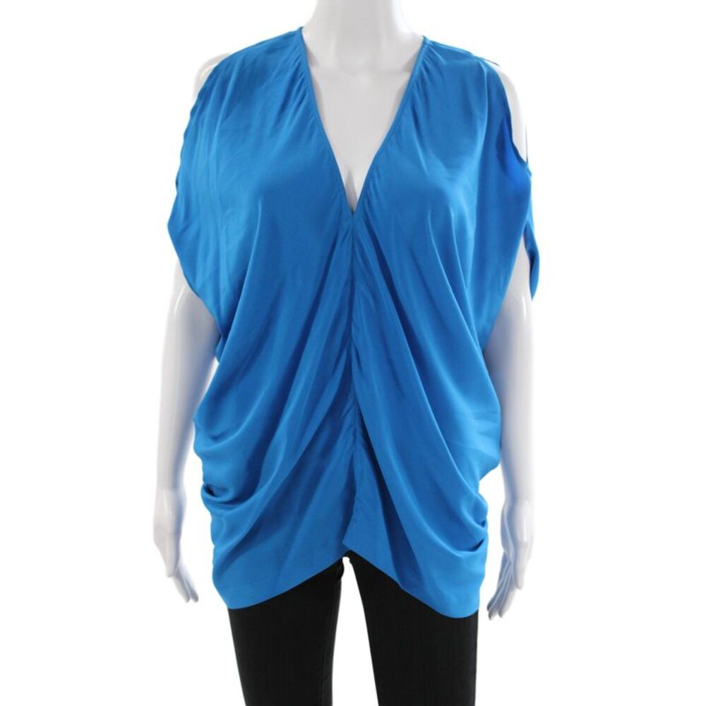 Maria + Cornejo Womens Tunic Blouse V-Neck Silk Short Sleeve Blue Size 4